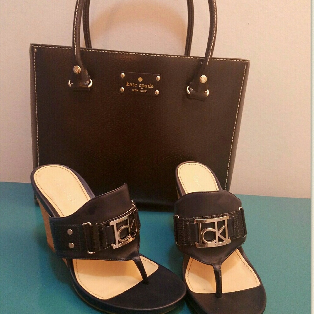 Calvin Klein Navy Thong Wedge Sandals with Buckle Detail